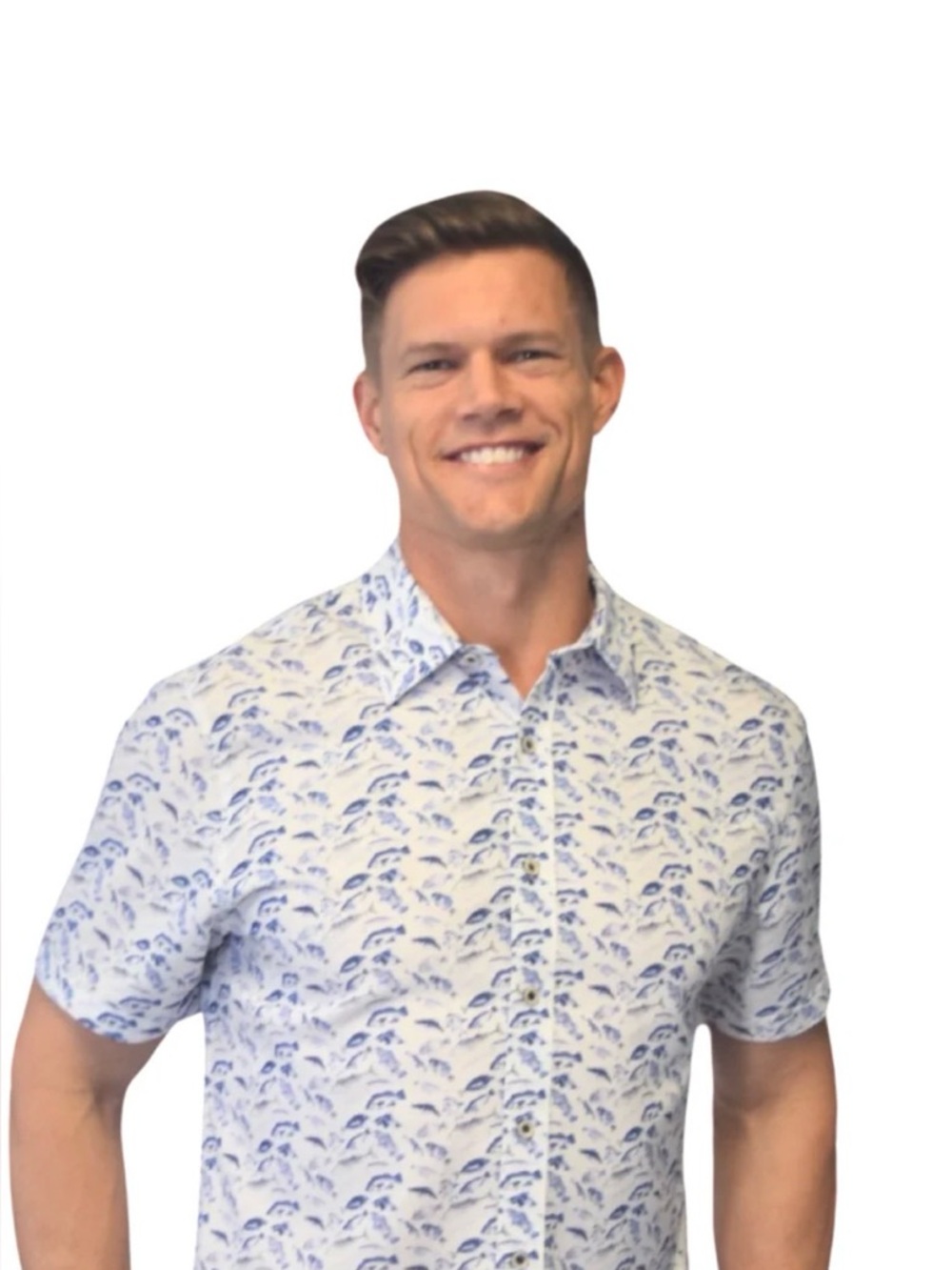 Nicoby Fish Print Stretch Button-Down Shirt. Size M